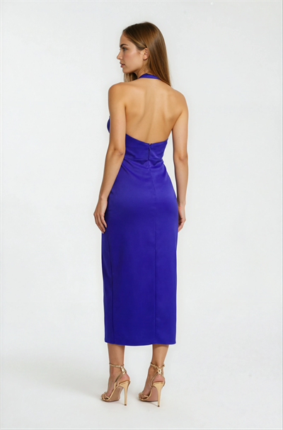 Sagnier Degaje Yaka Boyundan Bağlamalı Asimetrik Etek Midi Abiye Elbise SAKS