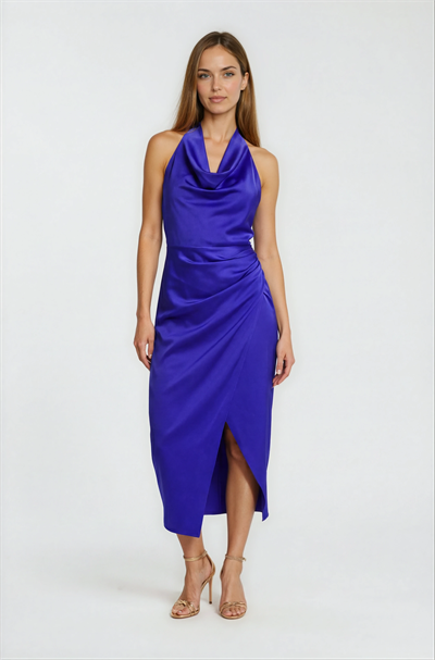 Sagnier Degaje Yaka Boyundan Bağlamalı Asimetrik Etek Midi Abiye Elbise SAKS