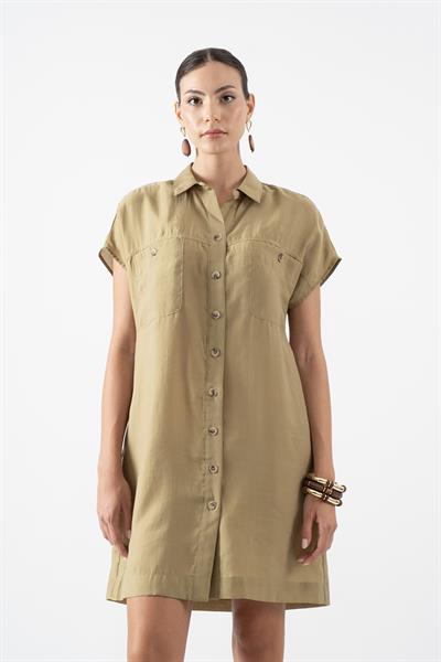 Salvadori Gömlek Yaka Önü Düğmeli Düşük Kol Elbise YEŞİL