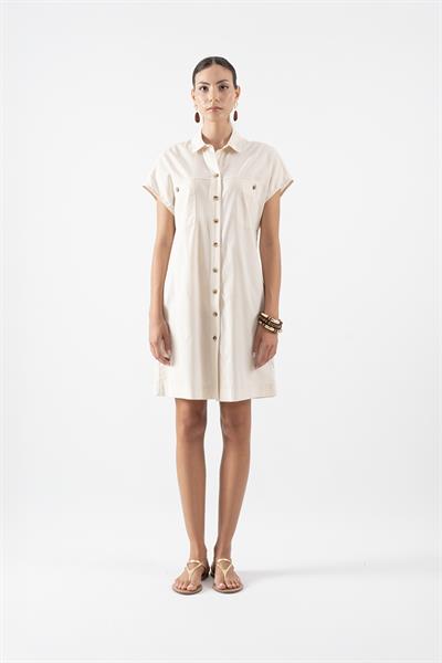Salvadori Gömlek Yaka Önü Düğmeli Düşük Kol Elbise BEJ