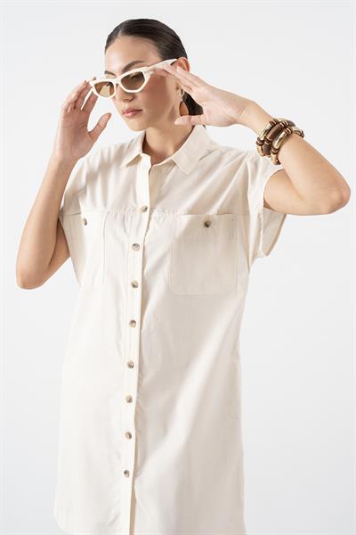 Salvadori Gömlek Yaka Önü Düğmeli Düşük Kol Elbise BEJ