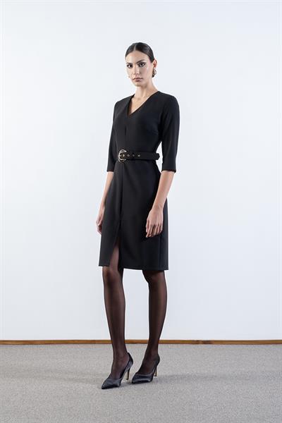 Salvucci V Yaka Önde Yırtmaç Kemerli Elbise SİYAH