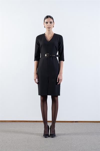 Salvucci V Yaka Önde Yırtmaç Kemerli Elbise SİYAH