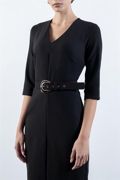 Salvucci V Yaka Önde Yırtmaç Kemerli Elbise SİYAH