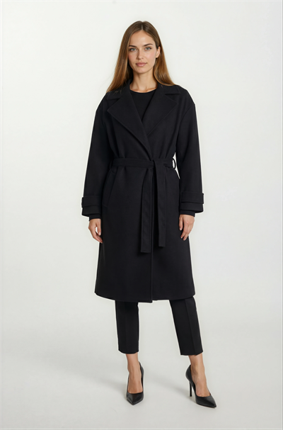 Sanders Kruvaze Yaka Yandan Cepli Çıtıçıtlı Kuşaklı Kaban SİYAH