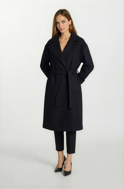 Sanders Kruvaze Yaka Yandan Cepli Çıtıçıtlı Kuşaklı Kaban SİYAH