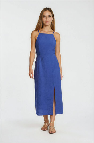 Santarelli İnce Askılı Sırtı Gipe Lastik Yırtmaçlı Elbise İNDİGO