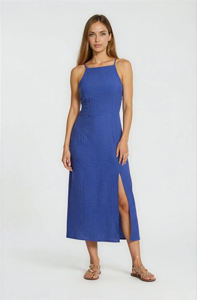 Santarelli İnce Askılı Sırtı Gipe Lastik Yırtmaçlı Elbise İNDİGO