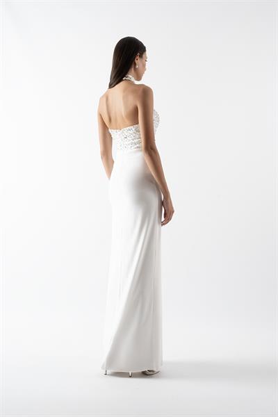 Sardella Kalp Yaka Straplez Önü Düğümlü Taşlı Uzun Abiye Elbise BEYAZ