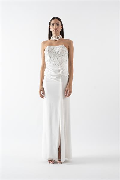 Sardella Kalp Yaka Straplez Önü Düğümlü Taşlı Uzun Abiye Elbise BEYAZ