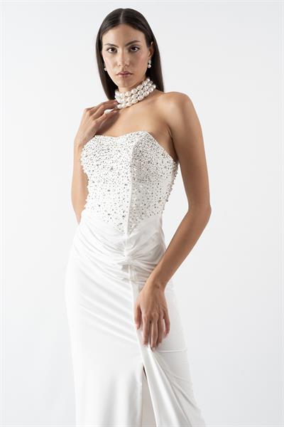 Sardella Kalp Yaka Straplez Önü Düğümlü Taşlı Uzun Abiye Elbise BEYAZ