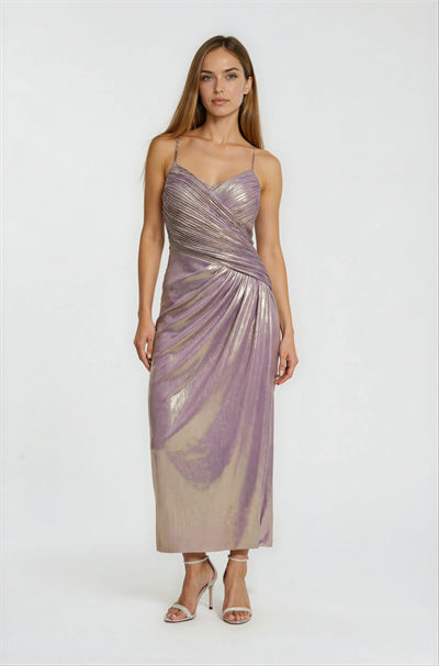 Sırt Çarpraz Bağlamalı Straplez Drapeli Metalik Abiye Elbise LİLA