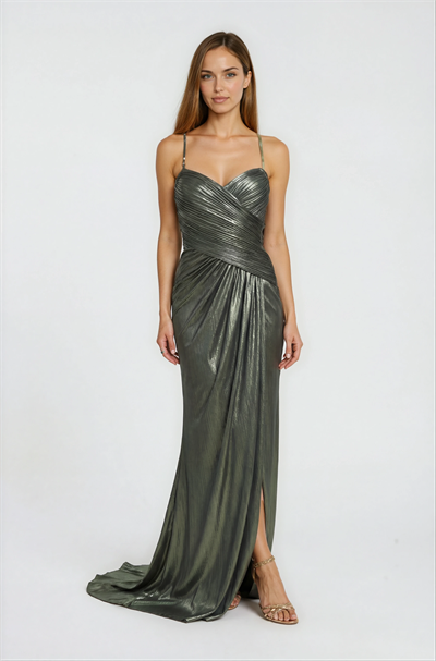Sırt Çarpraz Bağlamalı Straplez Drapeli Metalik Abiye Elbise HAKİ