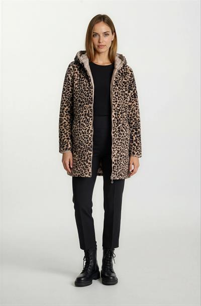 Sorrentino Çift Taraflı Kapitoneli Leopar Peluş Kapüşonlu Kaban VİZON