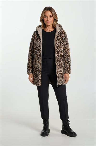 Sorrentino Çift Taraflı Kapitoneli Leopar Peluş Kapüşonlu Kaban VİZON