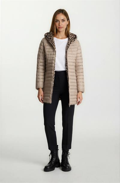 Sorrentino Çift Taraflı Kapitoneli Leopar Peluş Kapüşonlu Kaban VİZON