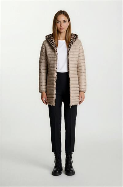 Sorrentino Çift Taraflı Kapitoneli Leopar Peluş Kapüşonlu Kaban VİZON