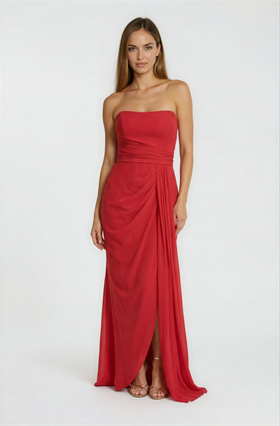 Straplez Beli Drapeli Uzun Abiye Elbise KIRMIZI