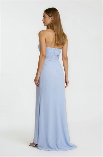 Straplez Beli Drapeli Uzun Abiye Elbise MAVİ