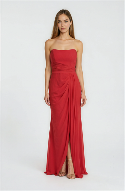 Straplez Beli Drapeli Uzun Abiye Elbise KIRMIZI