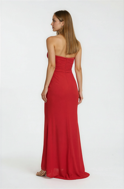 Straplez Beli Drapeli Uzun Abiye Elbise KIRMIZI