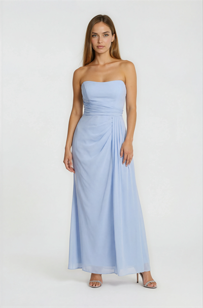 Straplez Beli Drapeli Uzun Abiye Elbise MAVİ