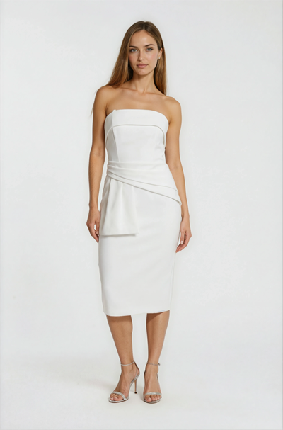 Straplez Beloturan Drape Detaylı Midi Abiye Elbise EKRU