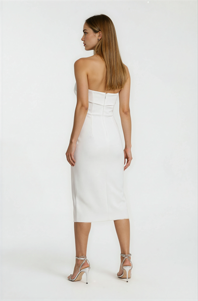Straplez Beloturan Drape Detaylı Midi Abiye Elbise EKRU
