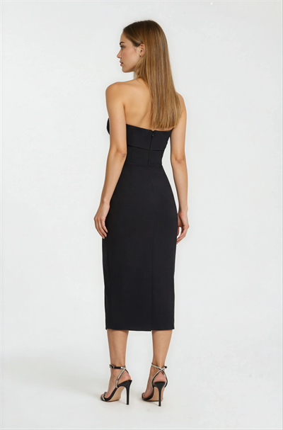 Straplez Beloturan Drape Detaylı Midi Abiye Elbise SİYAH
