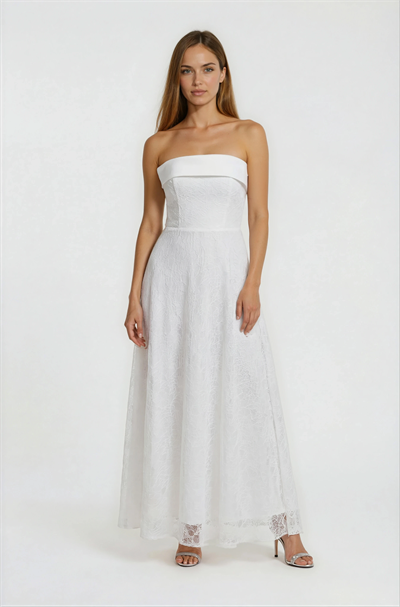 Straplez Dantelli Mezuniyet Elbisesi EKRU