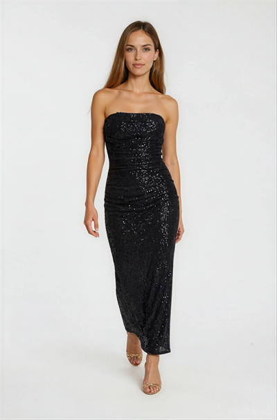 Straplez Payetli Drape Detaylı Balık Davet Elbisesi SİYAH