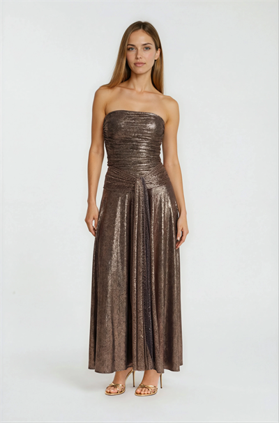 Straplez Simli Gövdesi Drape Detaylı Davet Elbisesi BAKIR