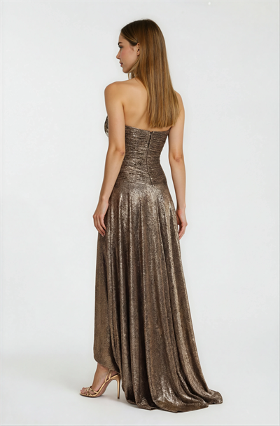 Straplez Simli Gövdesi Drape Detaylı Davet Elbisesi BAKIR