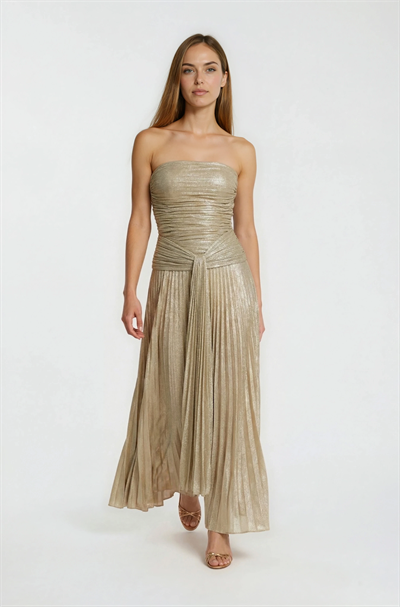 Straplez Simli Gövdesi Drape Detaylı Davet Elbisesi ALTIN
