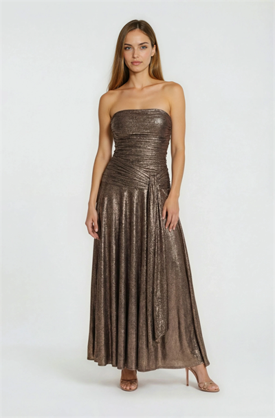 Straplez Simli Gövdesi Drape Detaylı Davet Elbisesi BAKIR