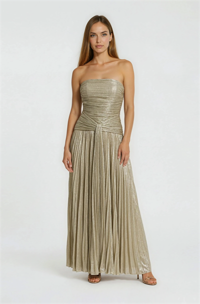 Straplez Simli Gövdesi Drape Detaylı Davet Elbisesi ALTIN