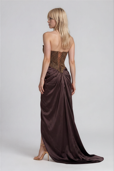 Straplez Taş Yapıştırma Bel V Drape Detaylı Davet Elbisesi KAHVE