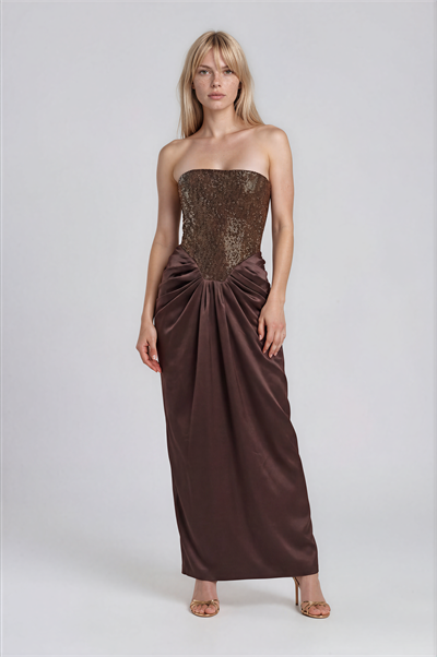 Straplez Taş Yapıştırma Bel V Drape Detaylı Davet Elbisesi KAHVE