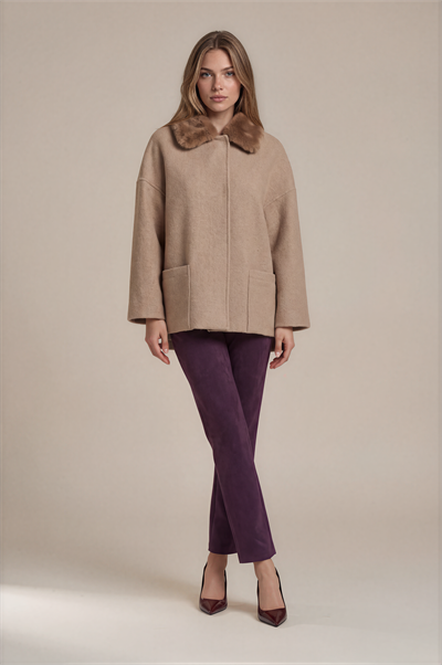 Suni Kürk Yaka Cepli Oversize Kap CAMEL