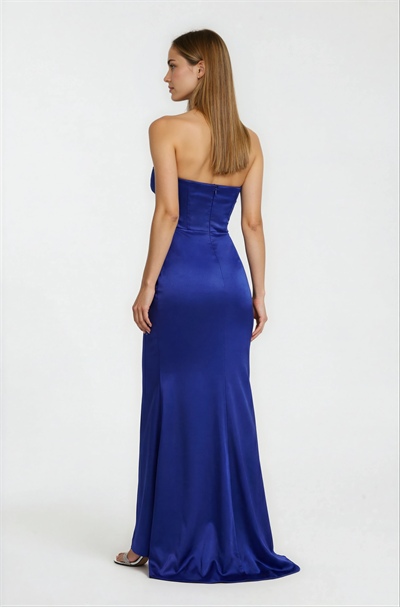 Taş İşlemeli Drapeli Saten Abiye Elbise LACİVERT