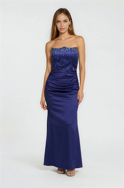 Taş İşlemeli Drapeli Saten Abiye Elbise LACİVERT