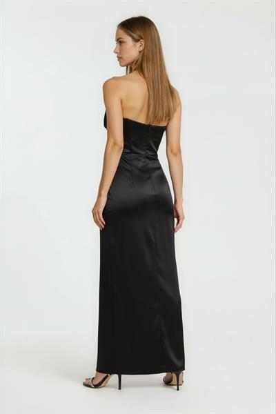 Taş İşlemeli Drapeli Straplez Uzun Abiye Elbise SİYAH