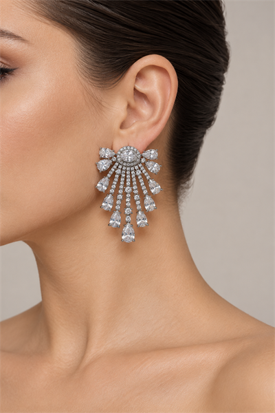 Taşlı Sallantılı Yelpaze Form Küpe 3 cm GÜMÜŞ
