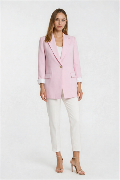 Tek Düğmeli Klasik Yaka Keten Ceket PEMBE