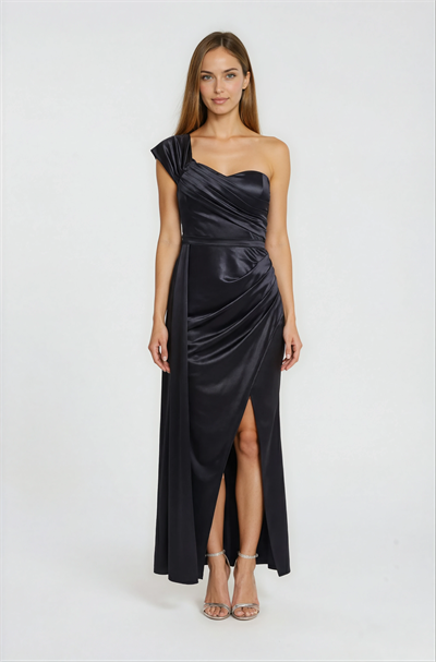 Tek Omuz Askılı Drapeli Saten Davet Elbisesi SİYAH