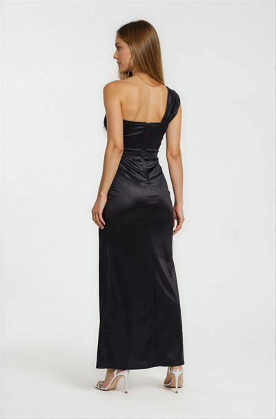 Tek Omuz Askılı Drapeli Saten Davet Elbisesi SİYAH