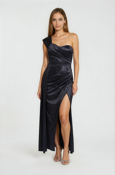 Tek Omuz Askılı Drapeli Saten Davet Elbisesi SİYAH