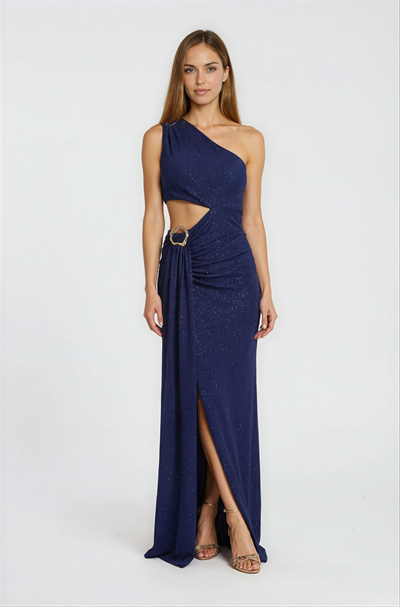 Tek Omuz Bel Dekolteli Davet Elbisesi LACİVERT