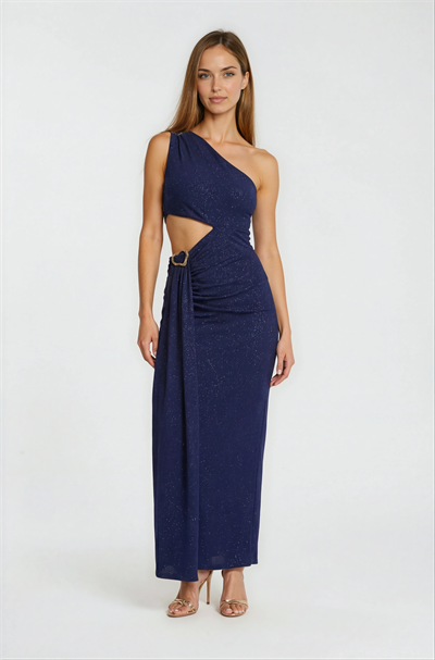Tek Omuz Bel Dekolteli Davet Elbisesi LACİVERT