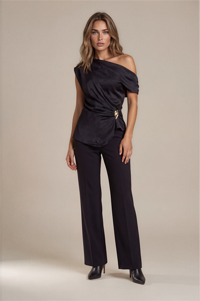 Tek Omuz Drape Aksesuar Detaylı Bluz SİYAH